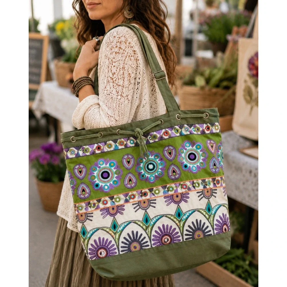 Boho Green Cotton Canvas Embroidered‎ Floral Mirror Sequin Tote Bag Crossbody